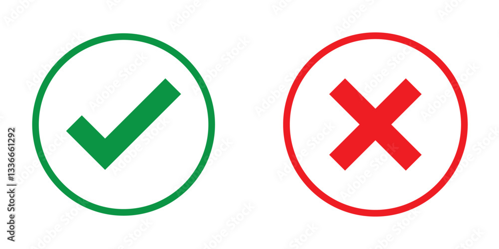 Aufkleber right and wrong vector icon set rounded color black outline, flat rounded check mark, cross, x mark,