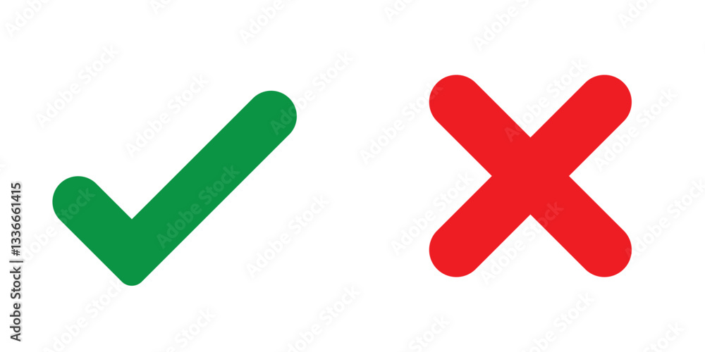 Poster right and wrong vector icon set rounded color black outline, flat rounded check mark, cross, x mark,