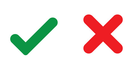 Right and wrong vector icon set rounded color black outline, flat rounded check mark, cross, x mark, circle shape thin line tick mark symbol. Approval and rejection signs isolated on white background © Hike
