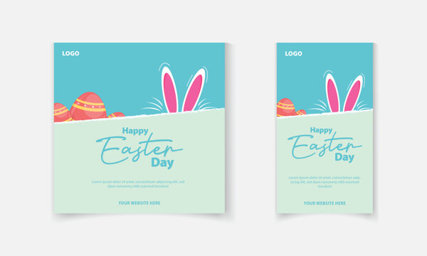 Happy Easter day social media post template design with rabbit ears, age, in creative typography