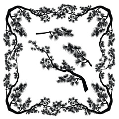 long elegant asian style pine branches forming square frame borders - black and white coniferous tree vector silhouette editable design
