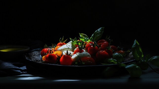 An exquisite shot of Caprese salad featuring locally sourced uniquely shaped tomatoes, fresh basil, and creamy farm mozzarella, presented on a large, dark plate