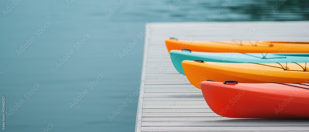Poster row of colorful kayaks lined up on a wooden dock. the kayaks are of different colors - orange, blue,
