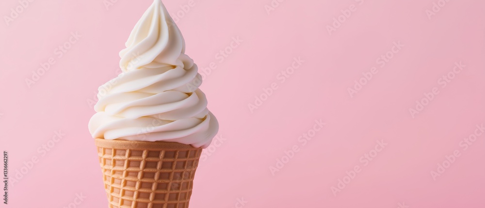 Poster close-up of an ice cream cone on a pink background. the cone is made of waffle cones and is filled w