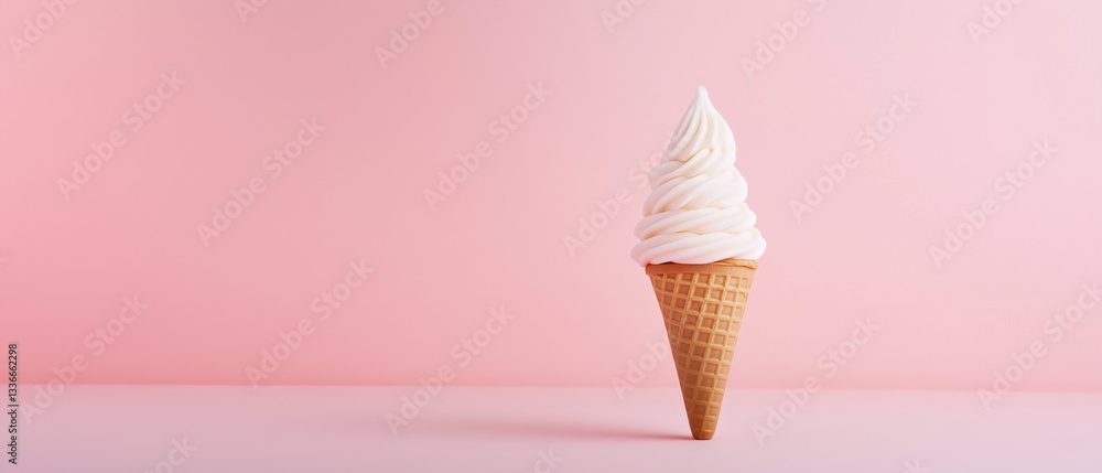 Poster 3d rendering of an ice cream cone on a pink background. the cone is made of waffle cone and has a li