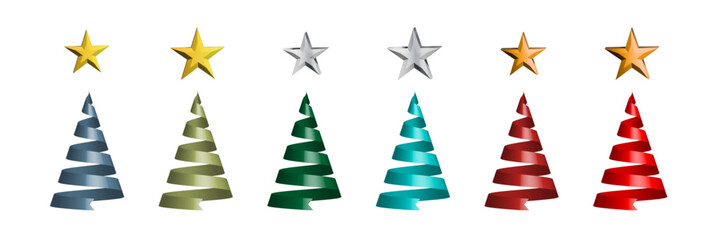 Fototapeta premium Christmas tree set of stars and ribbon material. Vector data for Christmas, gift season ads, and gift card designs. Stars in two sizes :gold, silver, and copper, and ribbon tree in 6 luxurious colors.