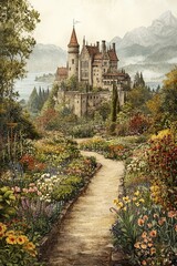 A majestic castle surrounded by vibrant gardens and mountains in a serene landscape.