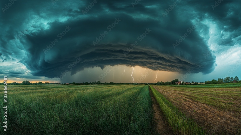 Poster a vast expanse of dark clouds swirls ominously above a green field, illuminated by flashes of lightn