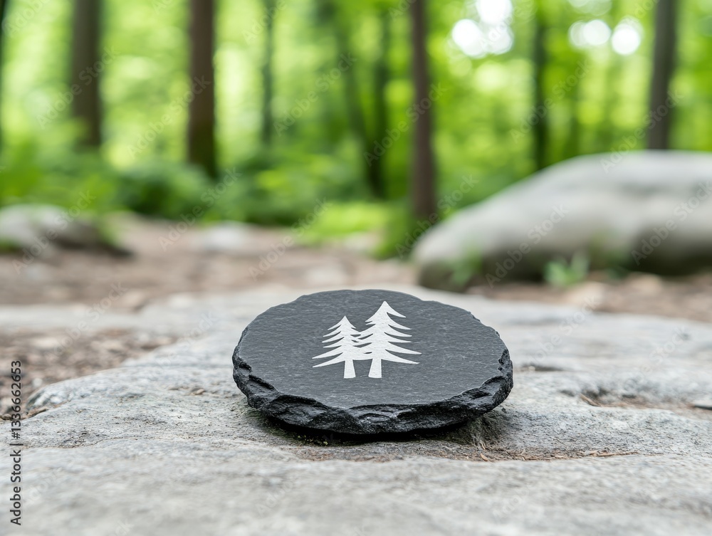 Poster slate stone with tree design placed on rocky path in lush green forest