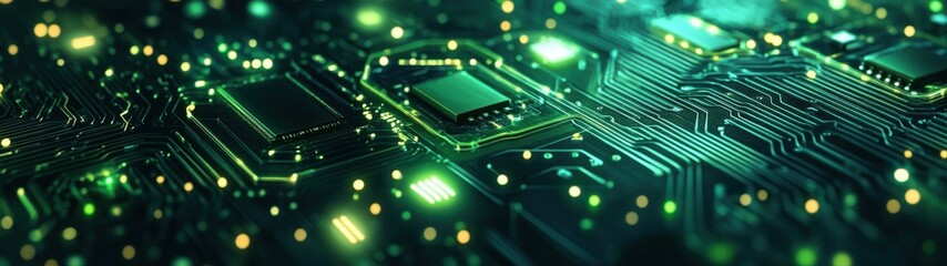 Futuristic Circuit Board with Green Lights and Abstract Patterns