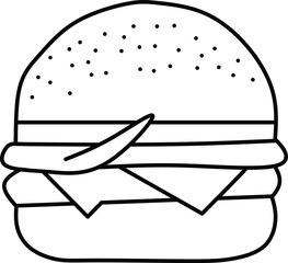 Outline burger illustration with sesame seeds on bun. Black line art on a light background. Minimalist design perfect for menus, food blogs, and packaging. Vector.