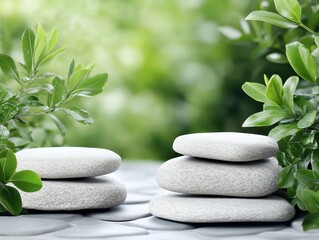 Tranquil Zen Garden with Stacked Stones Surrounded by Lush Greenery