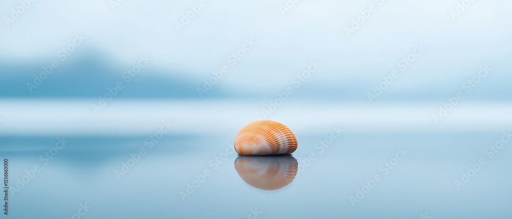 Poster photograph of a single orange seashell on a calm blue water surface. the seashell is in the center o