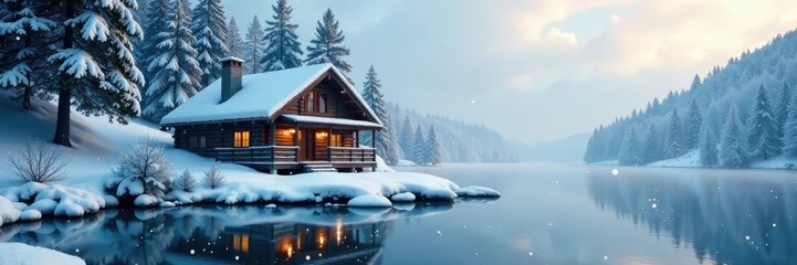 Fototapeta premium Snowflakes gently fall onto a frozen lake in front of a rustic cabin, cabin, trees