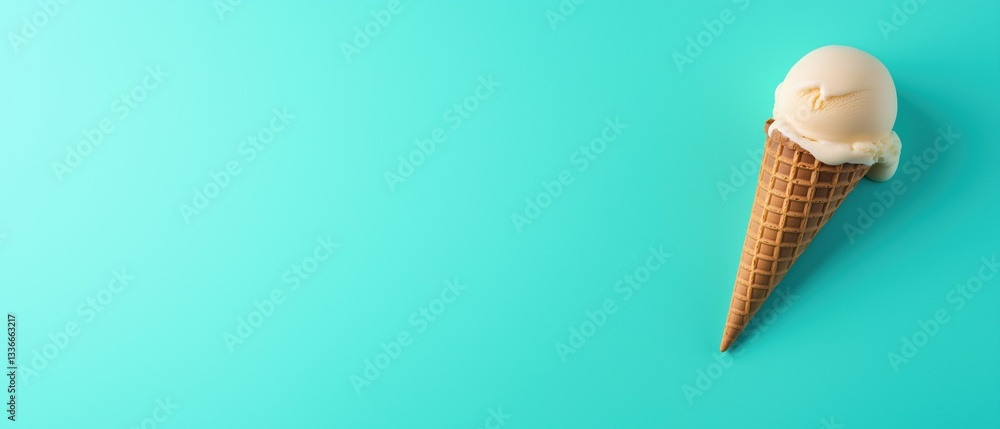 Poster flat lay of an ice cream cone on a turquoise background. the cone is made of waffle and has a light 