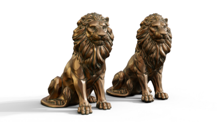Bronze stylized sitting lion 3d Sculpture premium png isolate on transparent background with shadow 