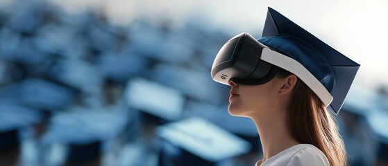 Young woman wearing a virtual reality (vr) headset. she is wearing a blue graduation cap and gown, and her hair is pulled back in a ponytail.