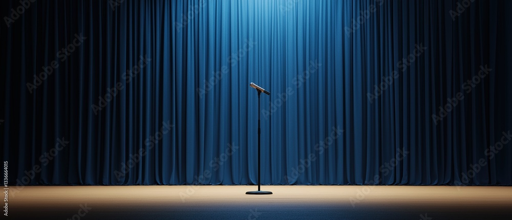 Aufkleber microphone on a stand in front of a blue curtain. the curtain is made up of vertical lines that crea