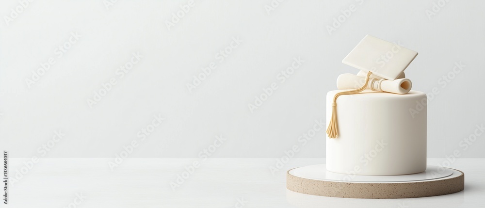 Poster 3d rendering of a white cake on a round base. the cake is square in shape and has a smooth texture. 