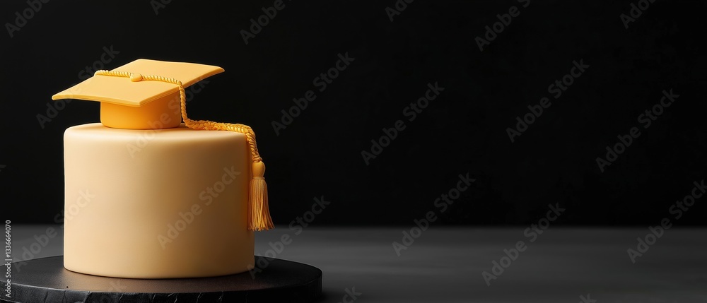 Poster small, cylindrical object with a yellow graduation cap on top. the cap is made of a smooth, creamy m