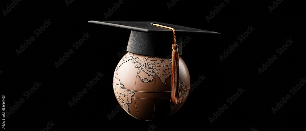 Poster small globe with a black graduation cap on top of it. the globe is brown in color and has a map of t