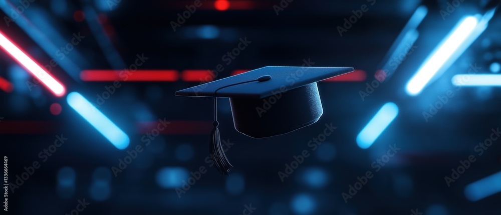 Poster black graduation cap with a tassel hanging from it. the cap is in the center of the image and is fac
