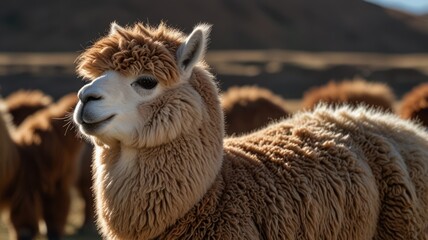 Obraz premium Fluffy alpaca in a field. Close-up view of a light brown alpaca, with a textured coat and a curious expression. Other alpacas are visible in the background