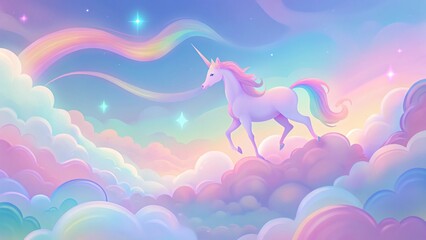 Holographic fantasy background featuring a pastel rainbow sky with fluffy clouds and a whimsical unicorn theme. Soft gradients and ethereal light create a magical, dreamlike atmosphere, perfect for a 