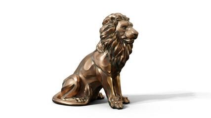 Bronze stylized sitting lion 3d Sculpture premium png isolate on transparent background with shadow 