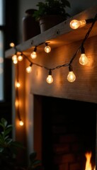 Obraz premium Twinkling string lights hang from a wooden mantel, strings of fairy lights, wood, cozy decor
