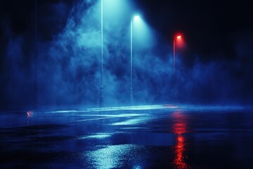 Night street scene, misty, wet road with blue and red streetlights. Perfect for film noir, mystery, or suspense projects needing an atmospheric backdrop.