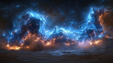 Fototapeta premium Fiery, blue nebula above a desolate, orange landscape