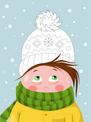 Writing practice. Writing lesson. Kid in winter hat on snowy background. Preschool education 