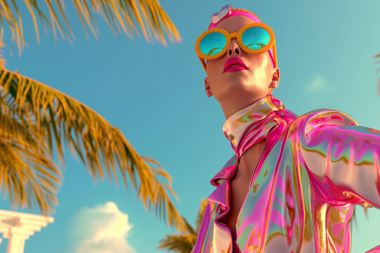 Futuristic fashion model in pink metallic outfit with sunglasses. Vibrant tropical scene with palm trees.