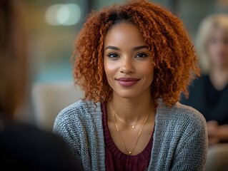 Empathetic Listener: A radiant woman with vibrant, curly red hair, exudes warmth and understanding. She sits attentively, embodying empathy and connection in a calm atmosphere.