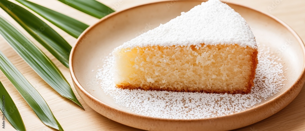 Poster slice of cake on a round plate. the cake is golden brown in color and has a crumbly texture. it is d