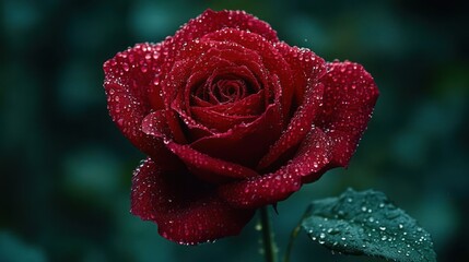 Close-up of a vibrant red rose covered in dew drops against a blurred green background