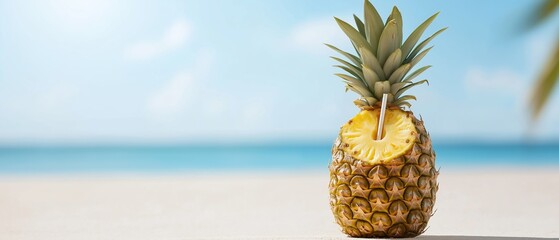 Close-up of a pineapple on a sandy beach. the pineapple is in the center of the image, with the top half of the pineapple facing towards the right side of the frame.