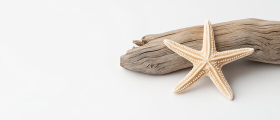 Flat lay of a starfish resting on a piece of driftwood. the driftwood is light brown in color and has a rough texture. the starfish is white with six points and a pointed tip.