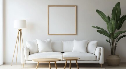 Modern, minimalist living room with a neutral color palette.  A framed canvas,  a white sofa,  natural wood accents, and a tropical plant create a serene and stylish space