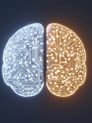 Digital detox balance. A stylized brain illustration divided into two halves, one with a blue circuit pattern and the other with an orange circuit design, representing technology and intelligence.