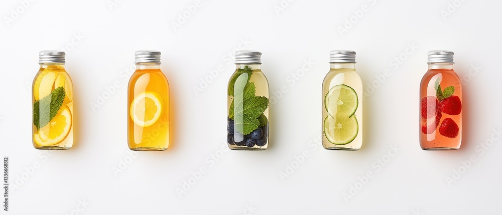 Poster four glass bottles of different types of drinks arranged in a row on a white background. each bottle