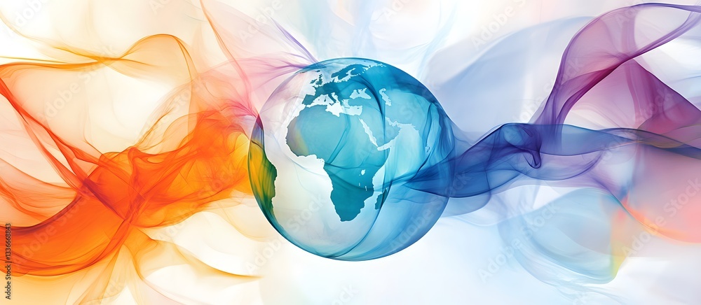 Poster colorful abstract background with globe and flowing waves of smoke
