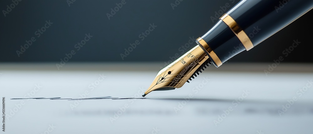 Poster close-up of a fountain pen with a gold-colored nib. the pen is resting on a piece of paper with some