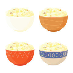 Collection of ceramic bowls with various designs with oatmeal, cornmeal porridge with banana