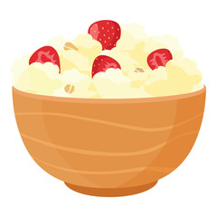 Oatmeal, cornmeal porridge with strawberries in ceramic bowl