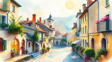Fototapeta premium Delicate watercolor painting of a charming European town on a sunny morning, glowing bioluminescent colors