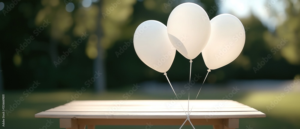 Poster wooden table with three white balloons attached to it with strings. the balloons are in the shape of