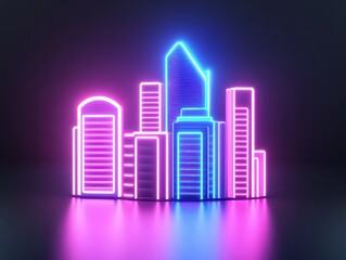 Fototapeta premium Neon city skyline with glowing buildings reflecting on a dark surface