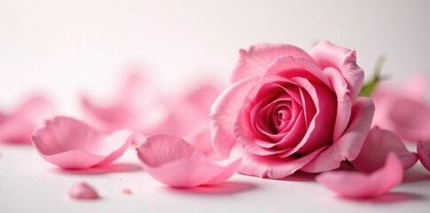 Fototapeta premium Defocused rose petals against a soft white background with haze, haze, abstract